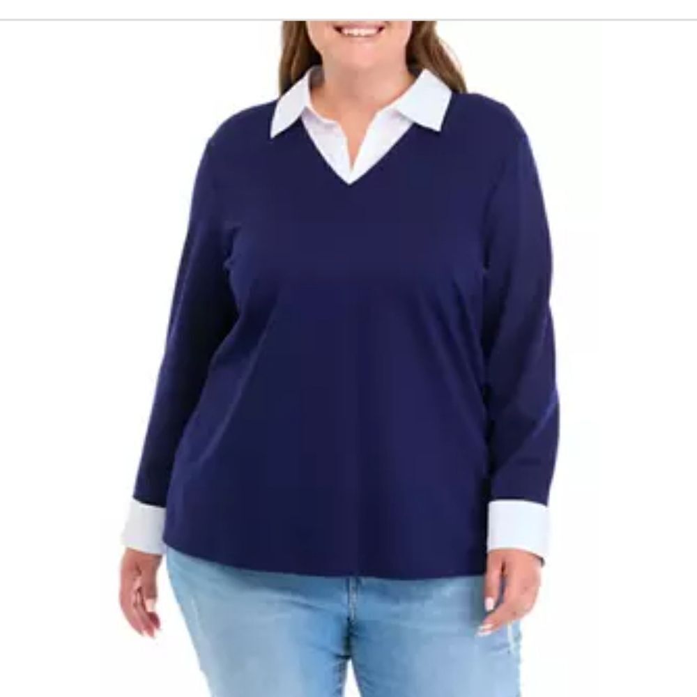 JONES NEW YORK PACIFIC NAVY BLUE WITH WHITE CUFFS AND COLLAR TUNIC TOP SIZE L